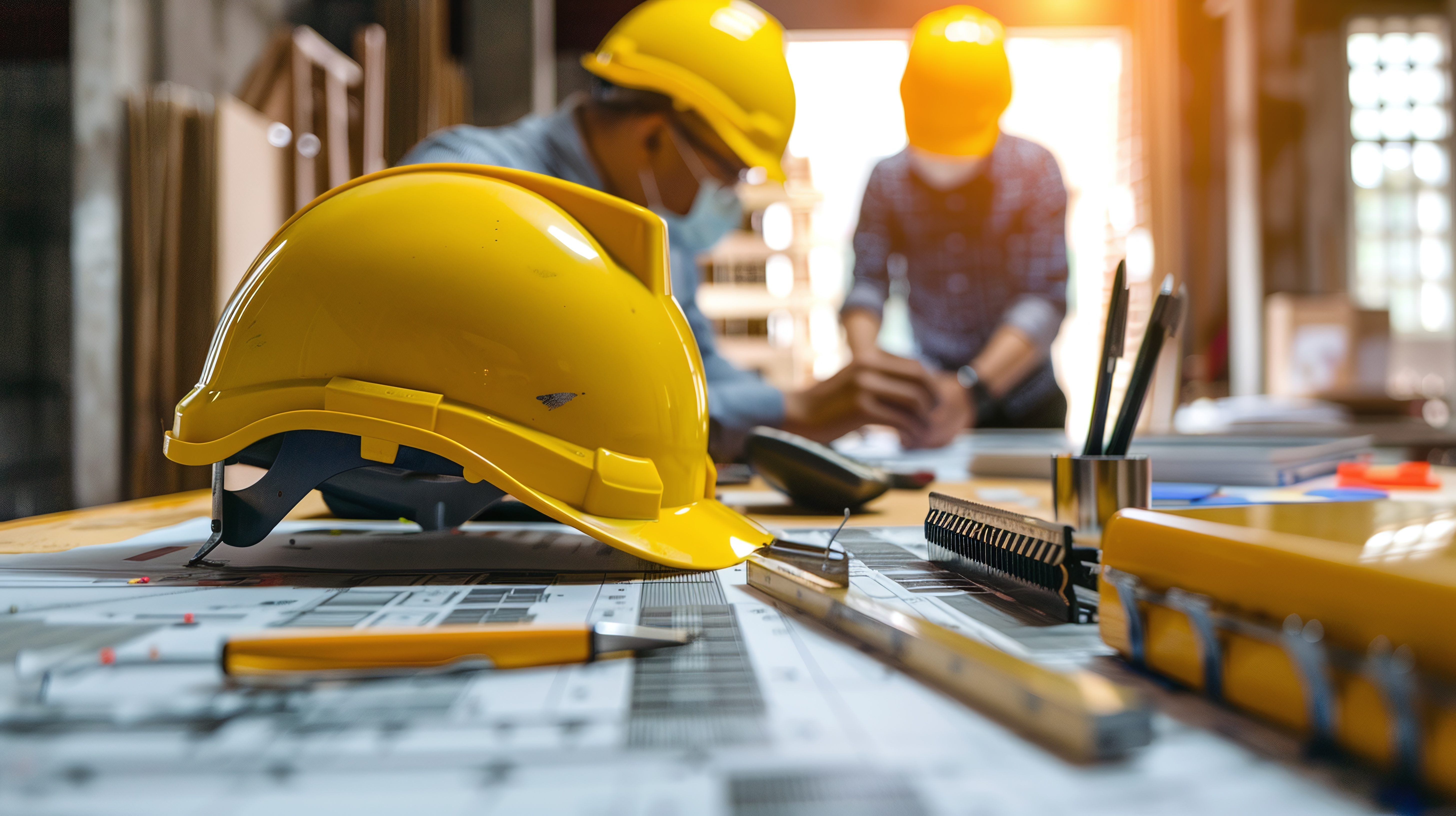 businessmen planning budgets for construction projects, analyzing company financial statements, managing global construction project costs